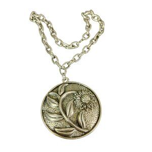 Large Vintage Pendant Necklace Study Chain Silver Tone Floral Sunflower Design
